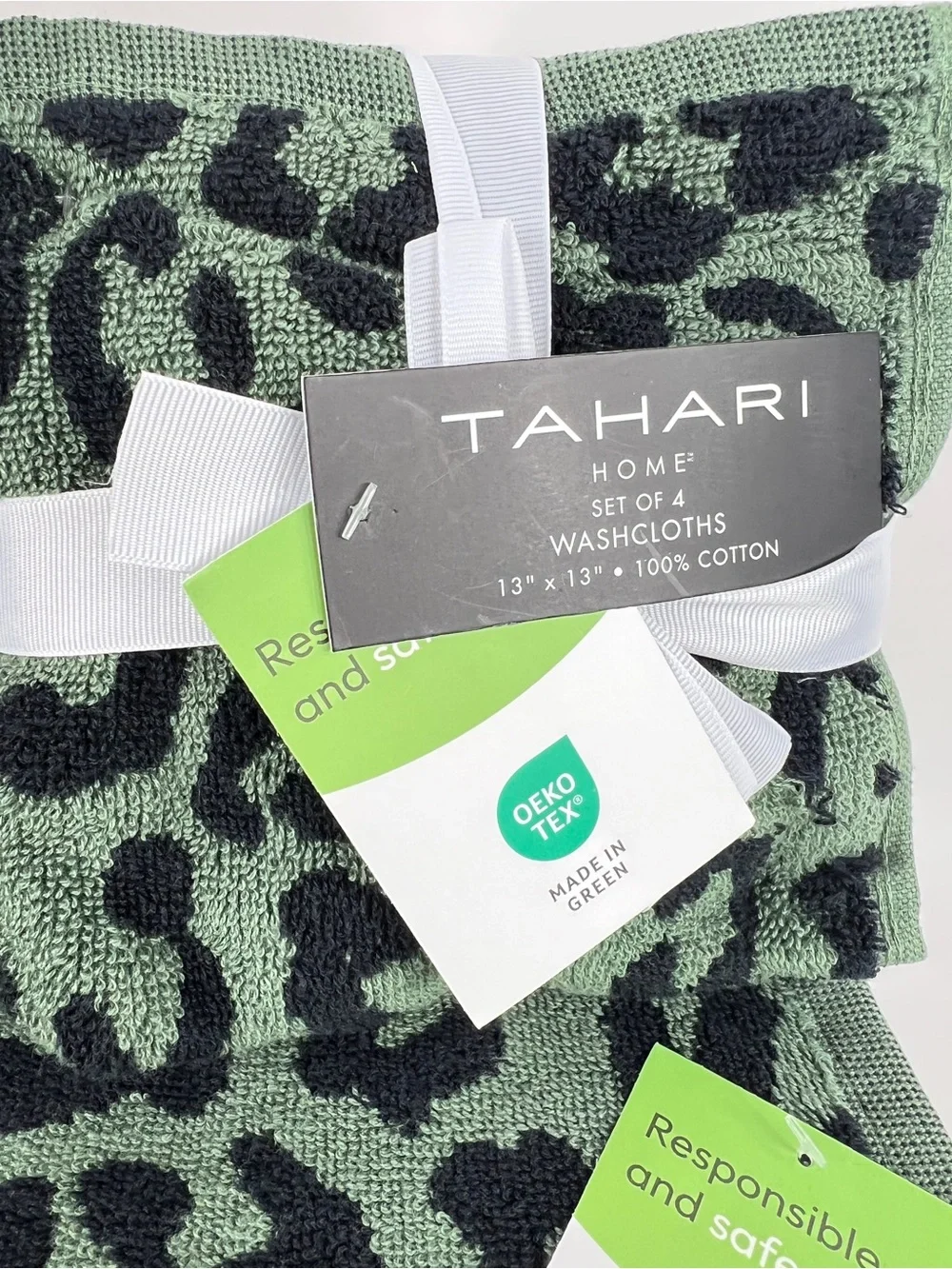 Tahari Home Bath Towel Set Green Black Leopard Print Soft 100% Cotton 8 Pc NEW